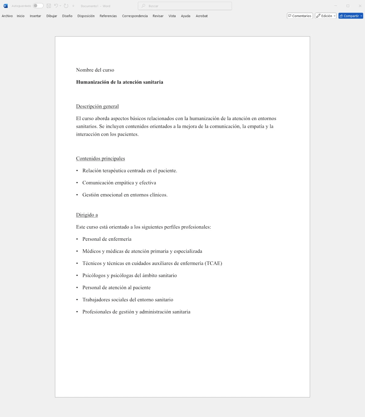 Vista de curso en papel